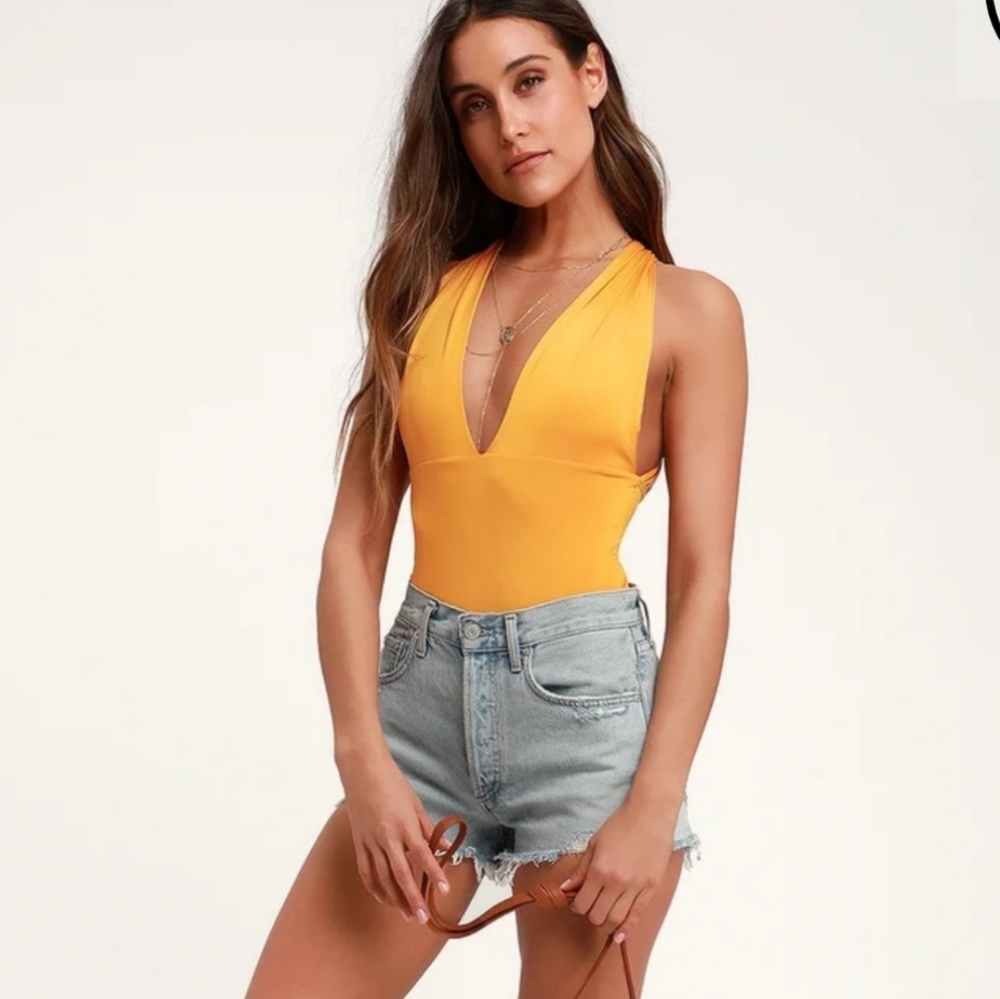 Lulus Hot Cha-cha Mustard bodysuit